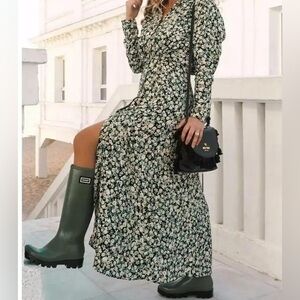 ZARA Floral puff Long Sleeve Dress western Button Down Midi Dress Medium
